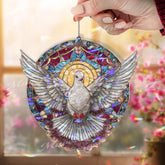 Dove Acrylic Suncatcher, Round White Bird with Radiant Halo Window Hanging, Peaceful Stained Glass Style Christian Home Decor Gift